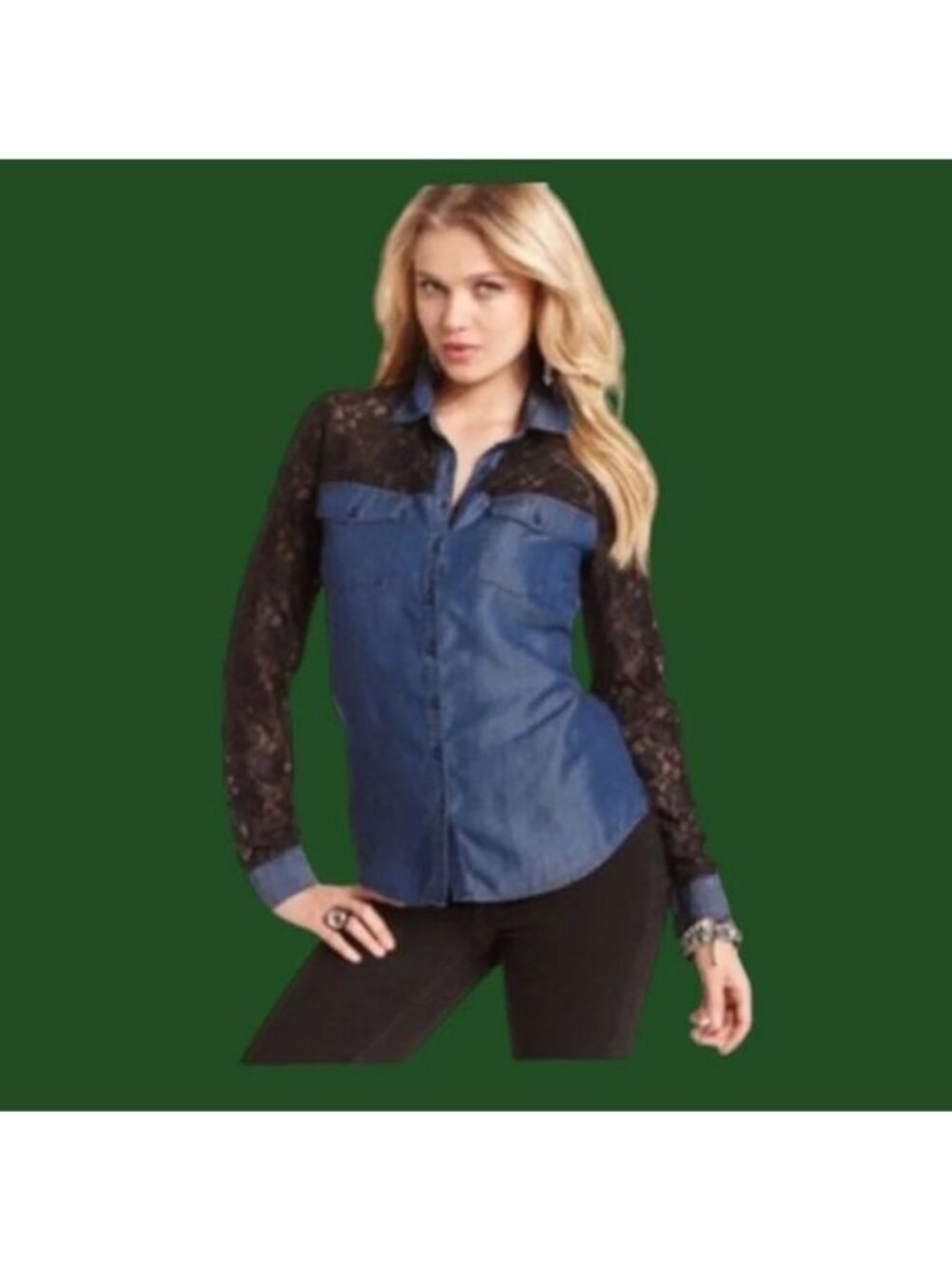 Guess denim black lace button up women shirt blue/black medium